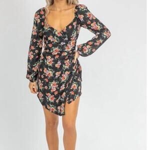 Dee Elly Black Floral Faux Wrap Style Lined Zip Back Ruched Womens Dress Medium